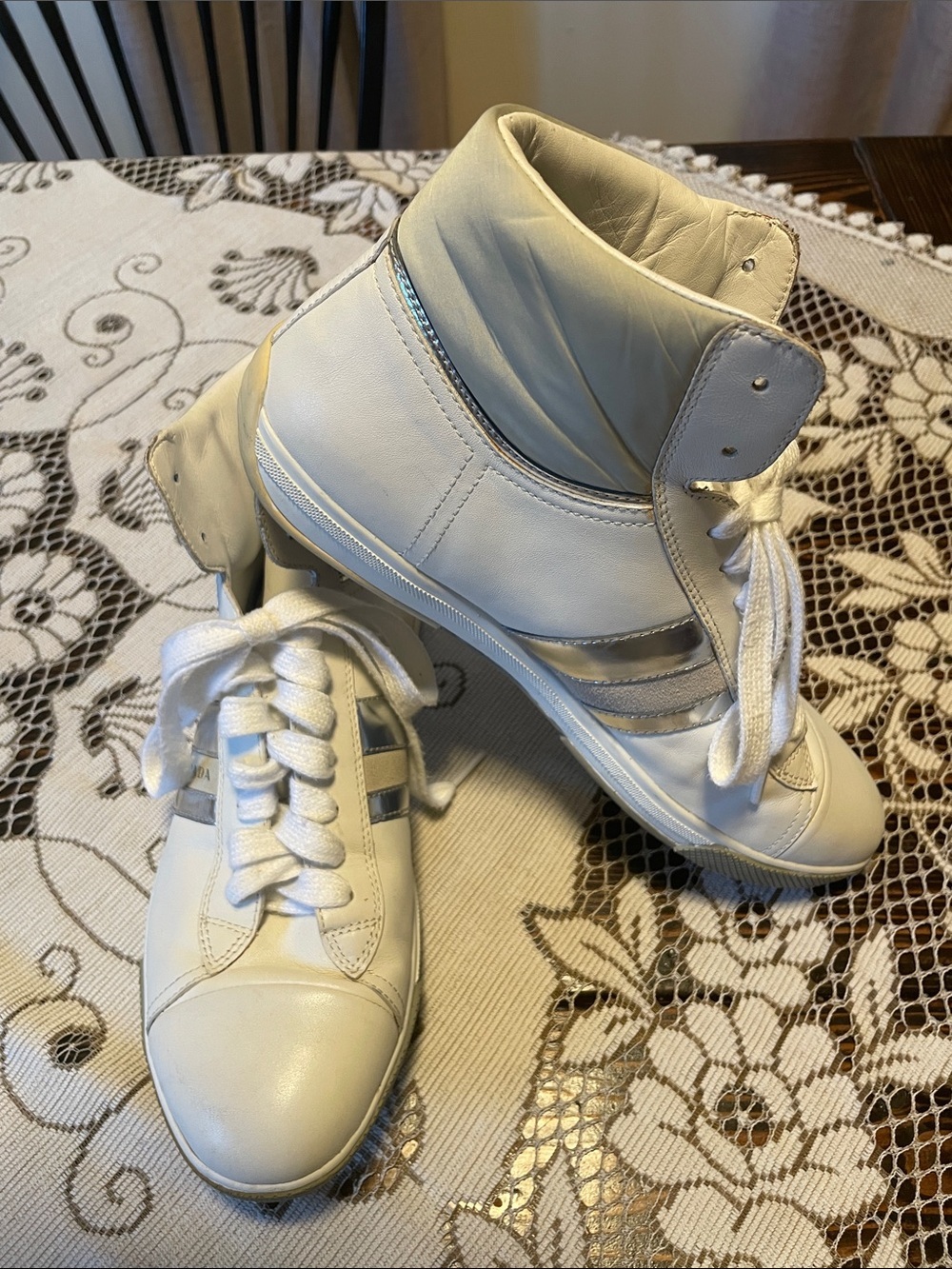 Prada Vintage White High-Top Leather Sneakers with Silver Stripes